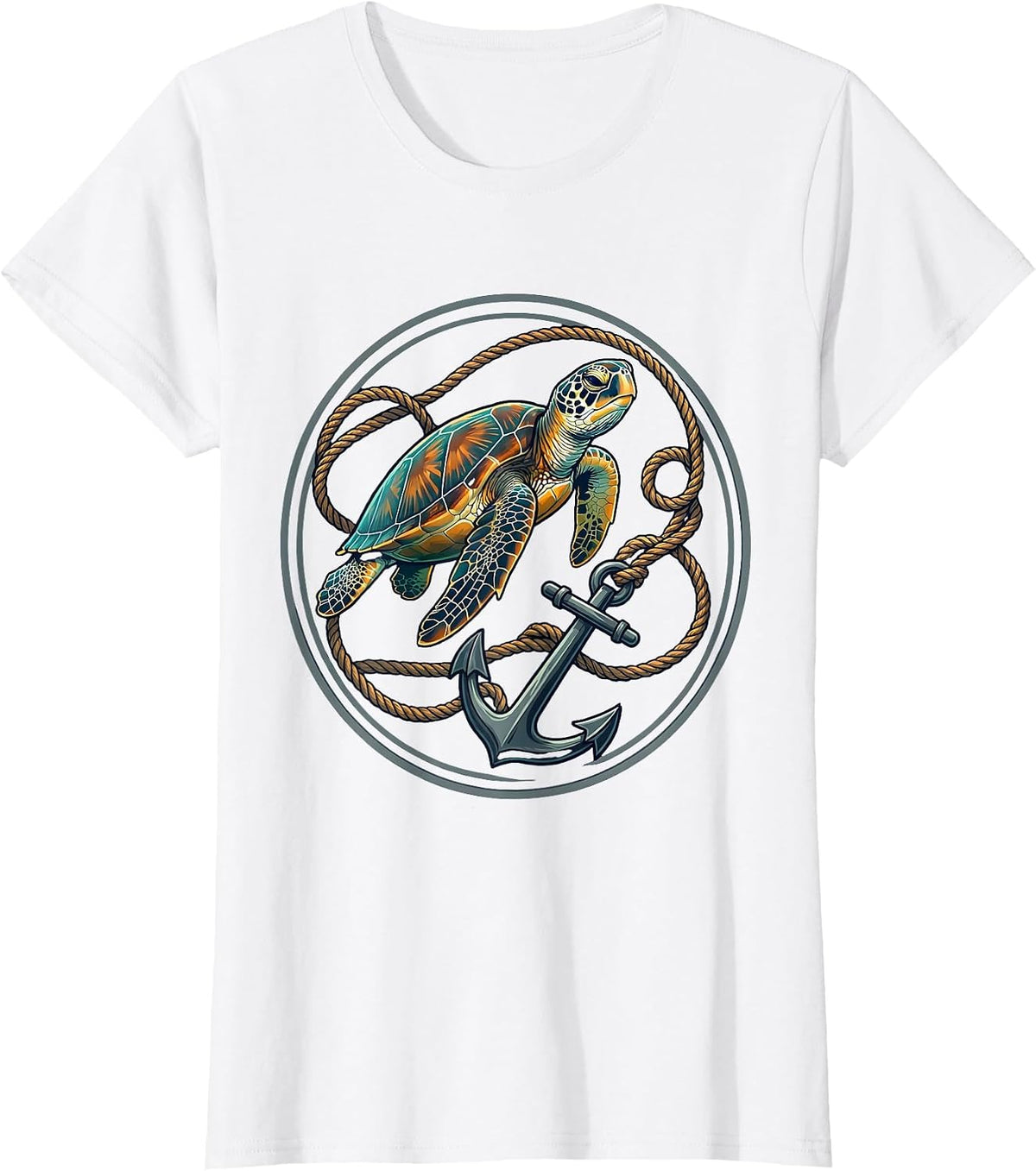 Sea Turtle Tangled in Anchor Rope Illustration T-Shirt - White