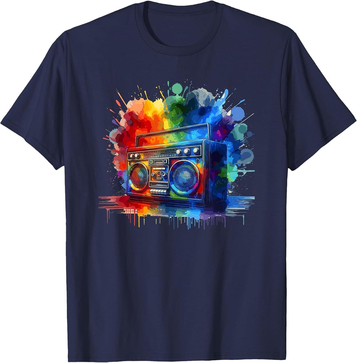 Splash Art Boombox Old School 80s Music Hip Hop T-Shirt - Navy Blue