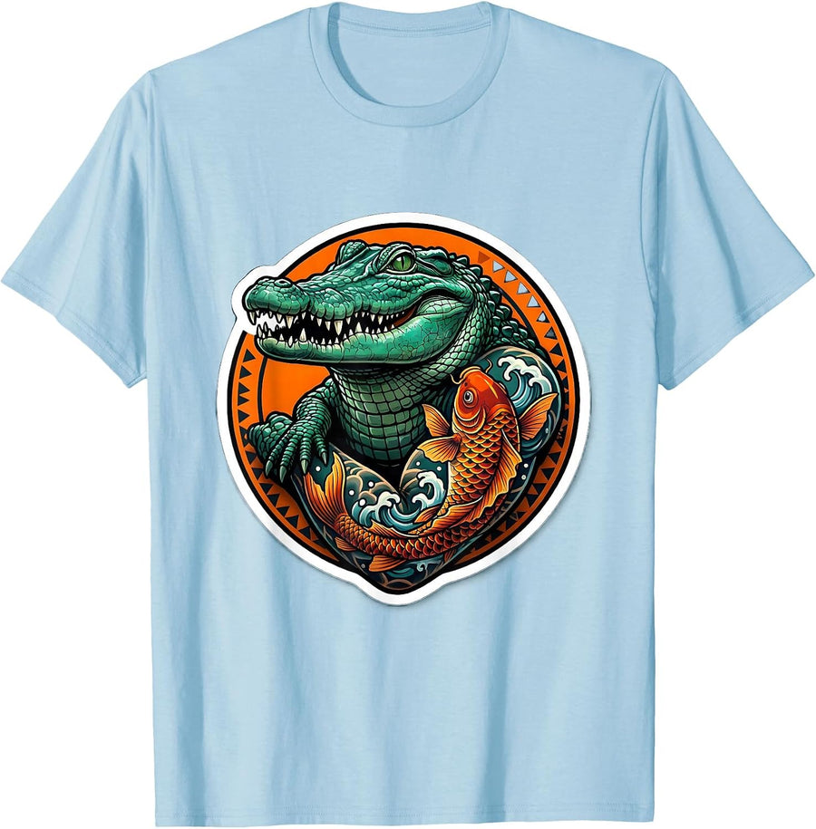 Men's Gator with Koi Fish Tattoo Sleeve Illustration T-Shirt - Baby Blue