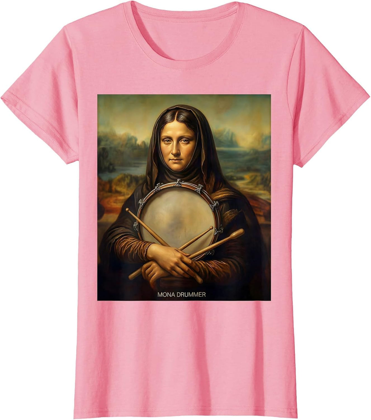 Women's Mona Drummer Funny Renaissance Art Parody Humor T-Shirt - Pink