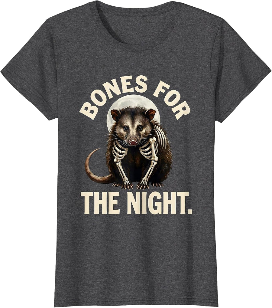 Women's Bones For The Night Vintage Opossum Halloween Spooky Moon T-Shirt - Dark Heather Grey