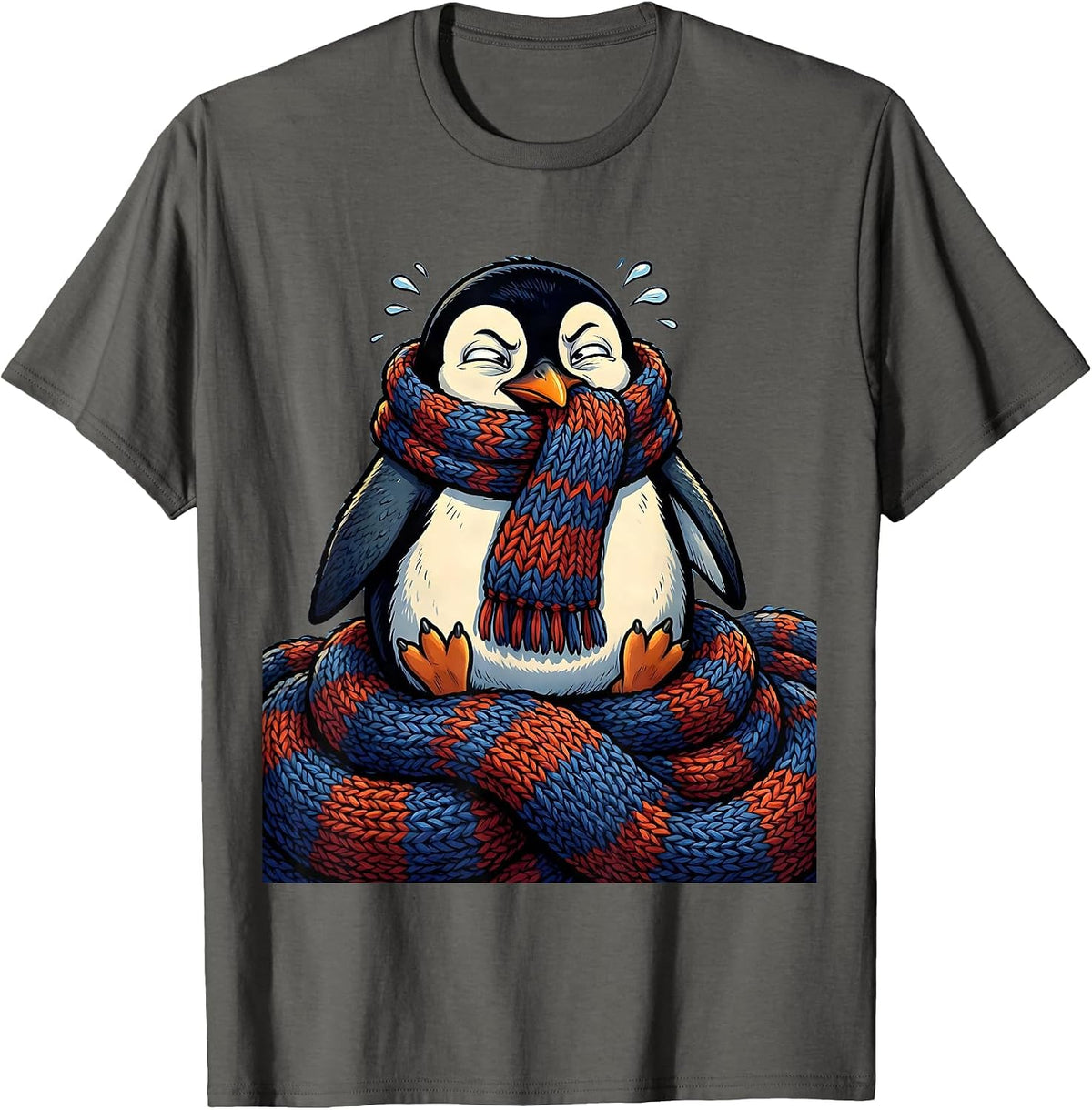 Cozy Penguin Bundled Up in Oversized Scarf T-Shirt - Asphalt Grey
