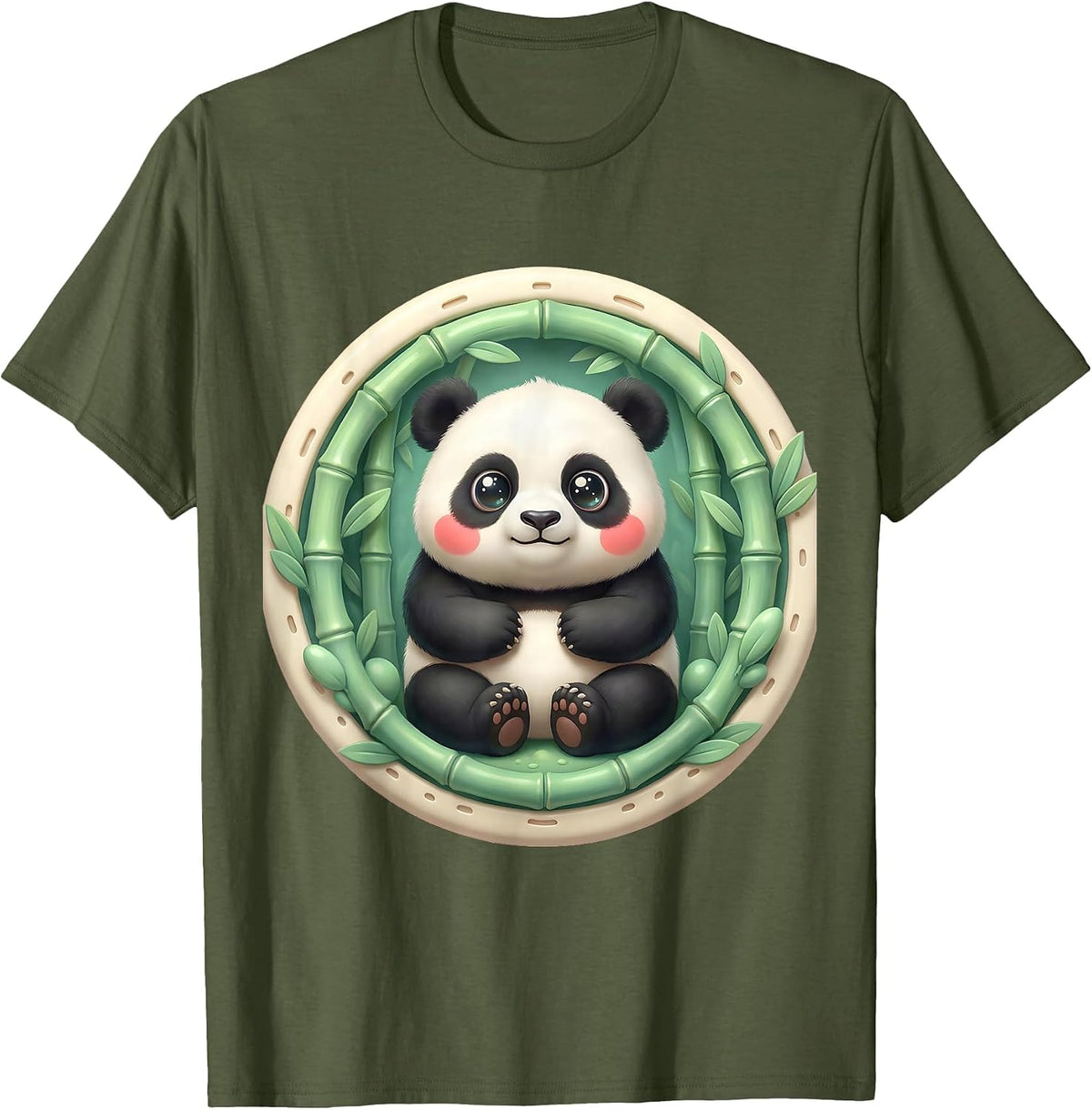 Panda Bear Sitting in Bamboo Forest Illustration T-Shirt - Olive Green