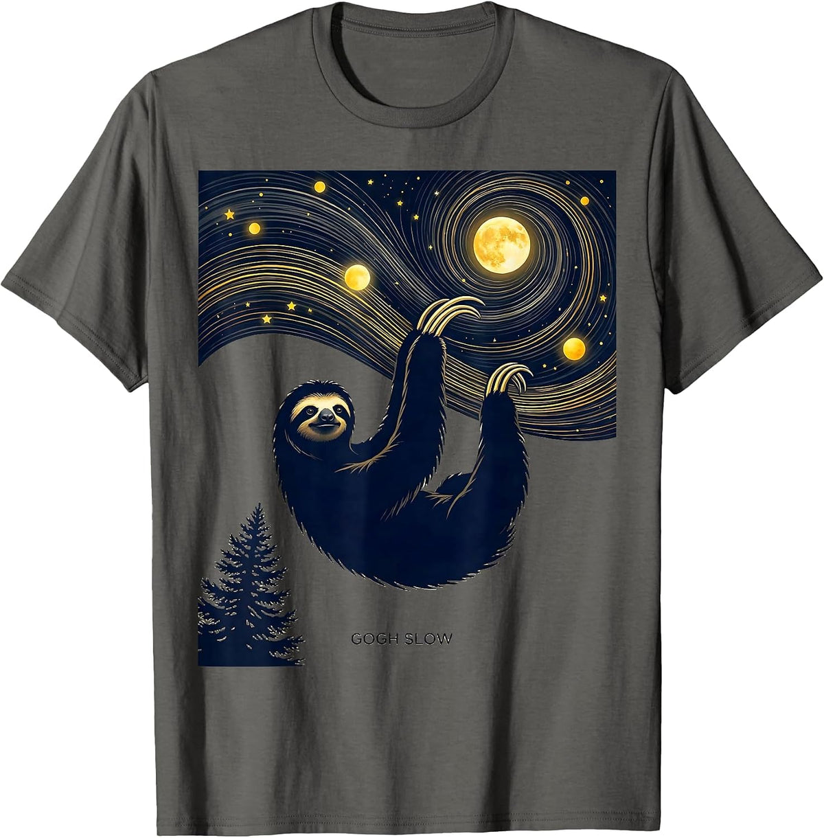 Gogh Slow Silhouette Sloth Art Parody Cat Lover Gift T-Shirt - Asphalt Grey