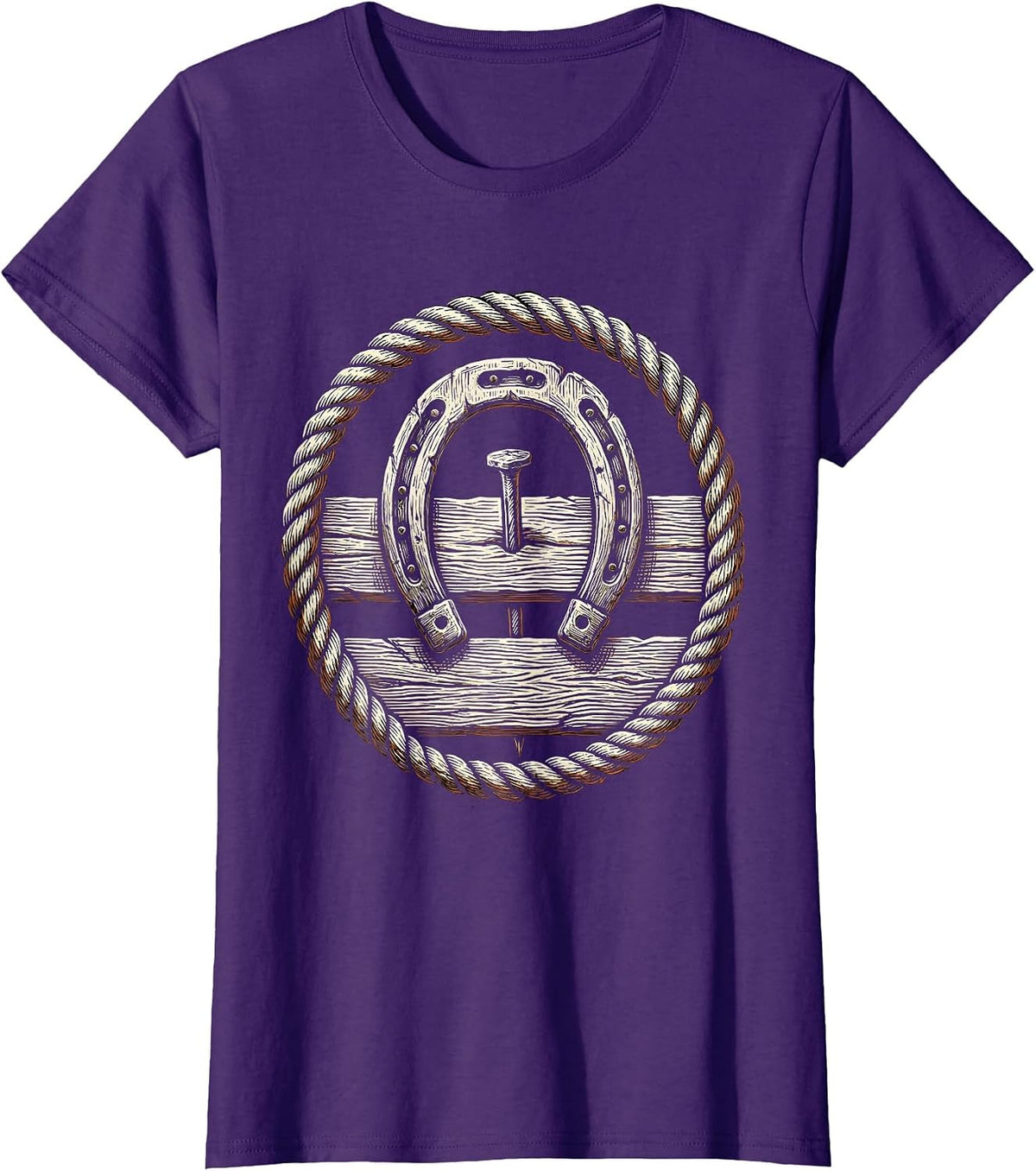 Women's Horseshoe on Weathered Wooden Fence Graphic T-Shirt - Purple