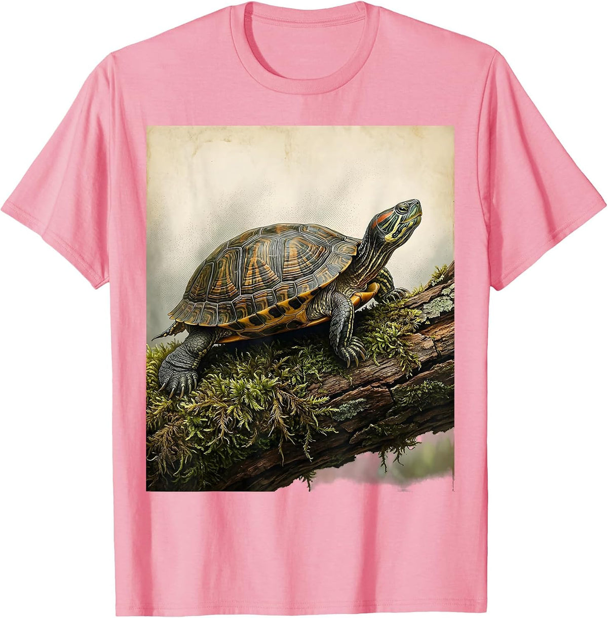 Men's Turtle on Mossy Log Foggy Nature Illustration T-Shirt - Pink