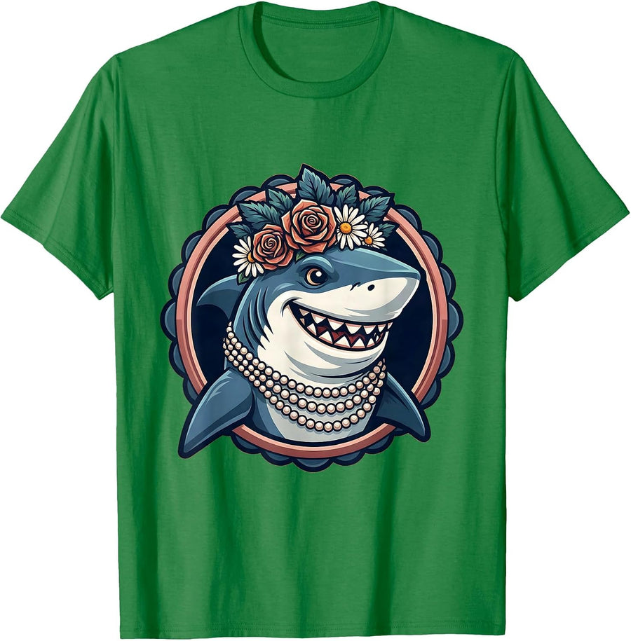 Men's Mommy Shark Floral Crown and Pearl Necklace T-Shirt - Kelly Green