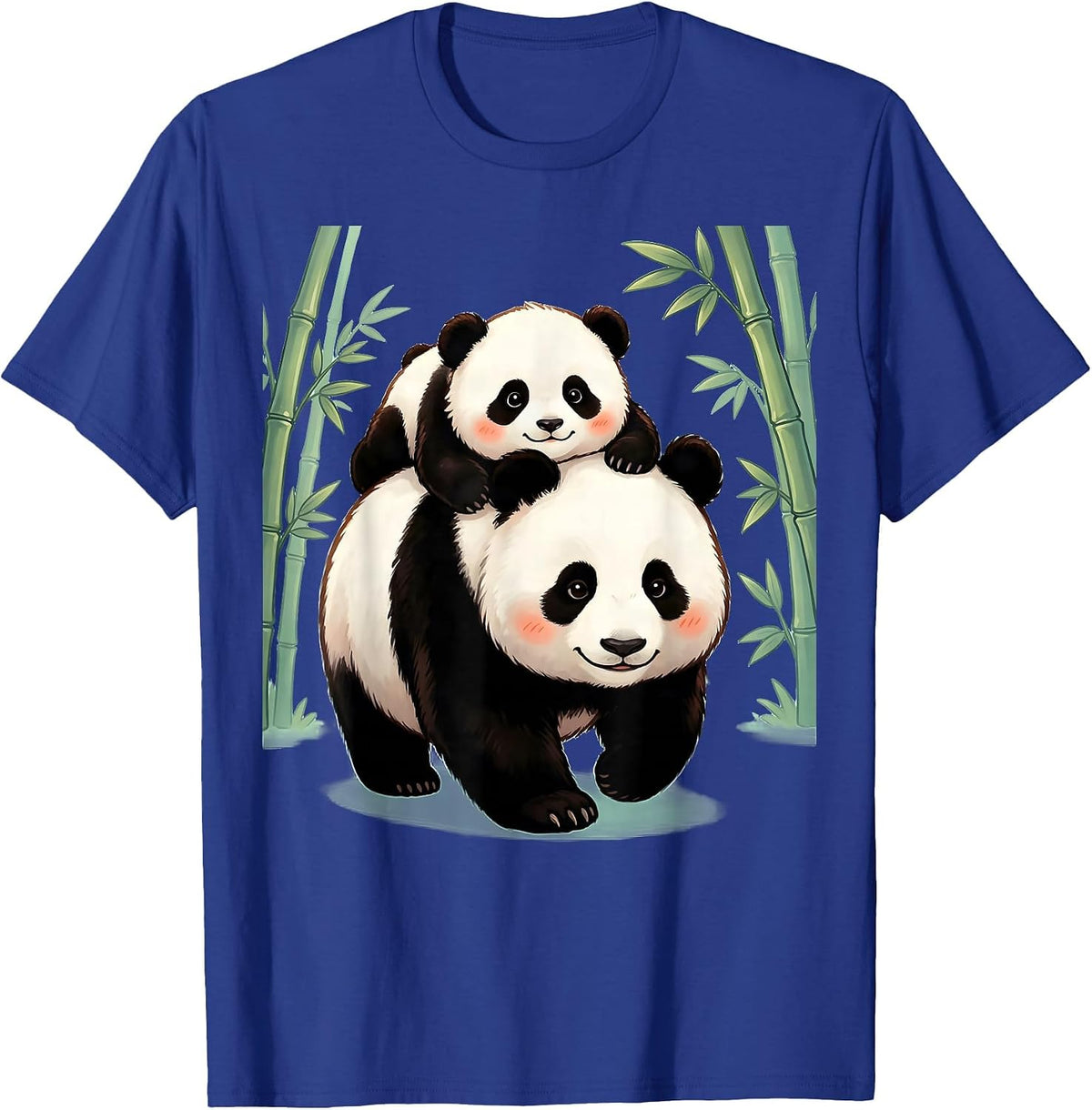 Men's Baby Panda Riding on Mother's Back Illustration T-Shirt - Royal Blue