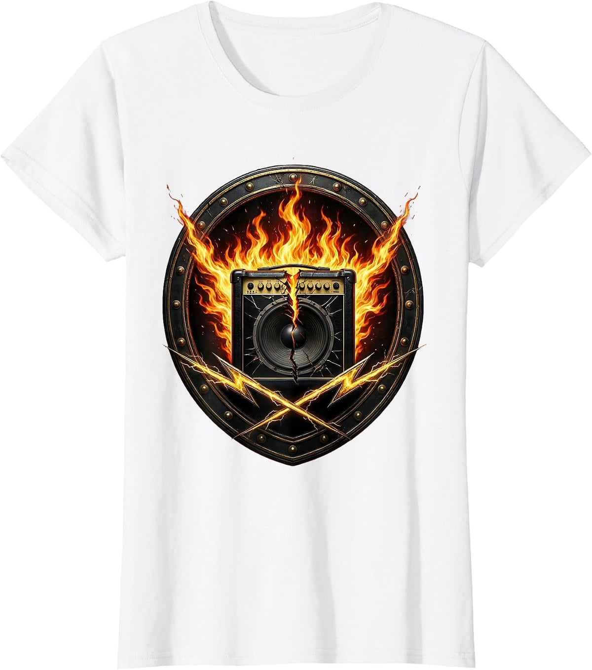 Women's Broken Amp Flames 80s Rock Band Graphic T-Shirt - White