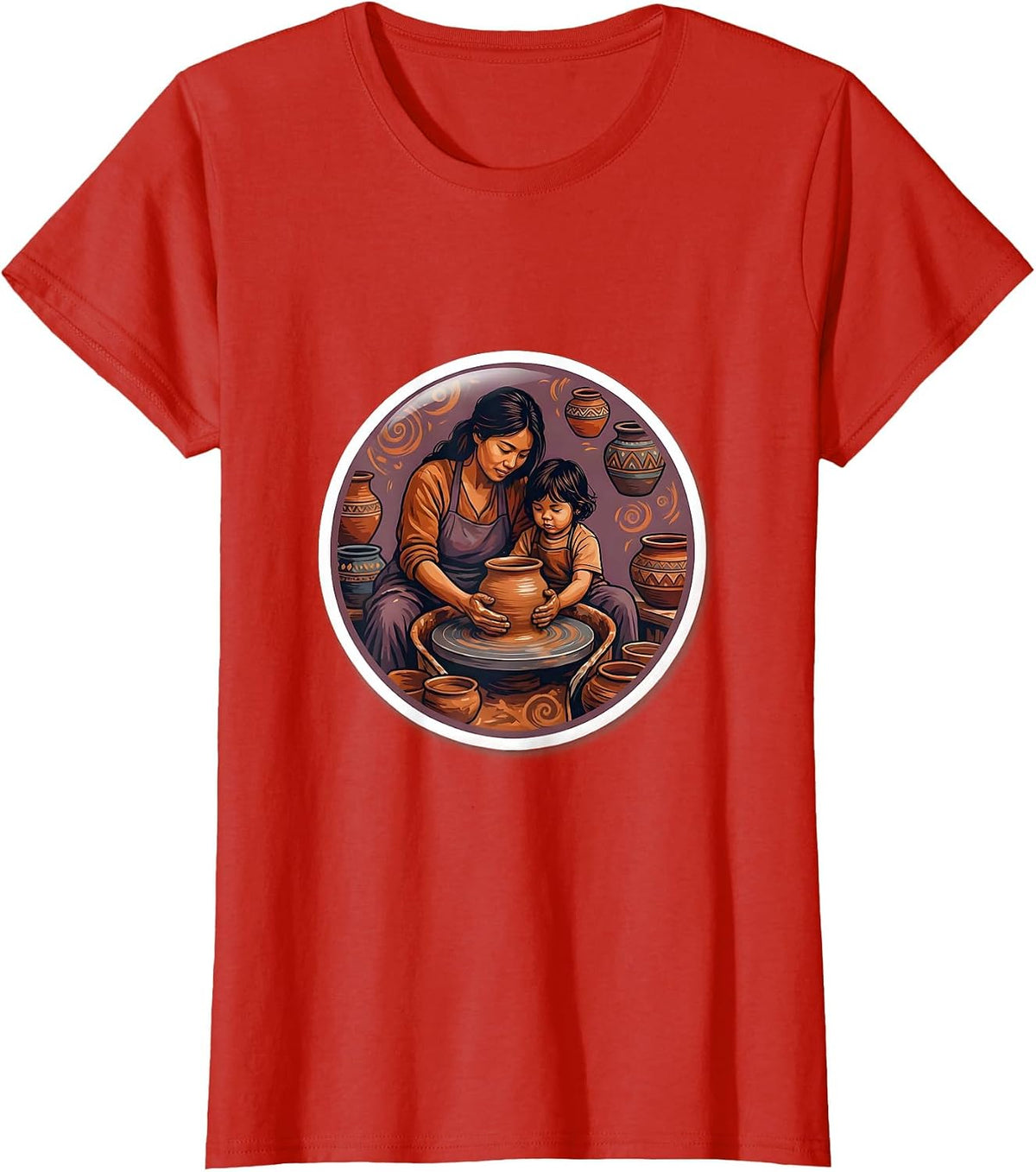 Aunt and Child Pottery Painting Art Design T-Shirt - Red