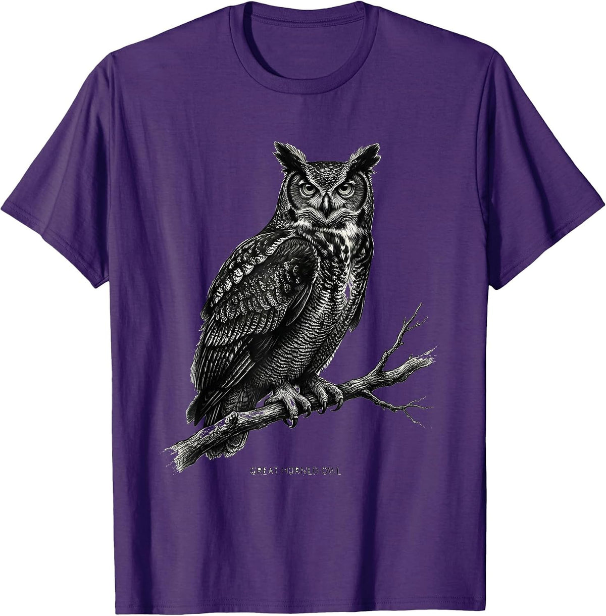 GREAT HORNED OWL Monochromatic Wildlife Portrait Nature Art T-Shirt - Purple