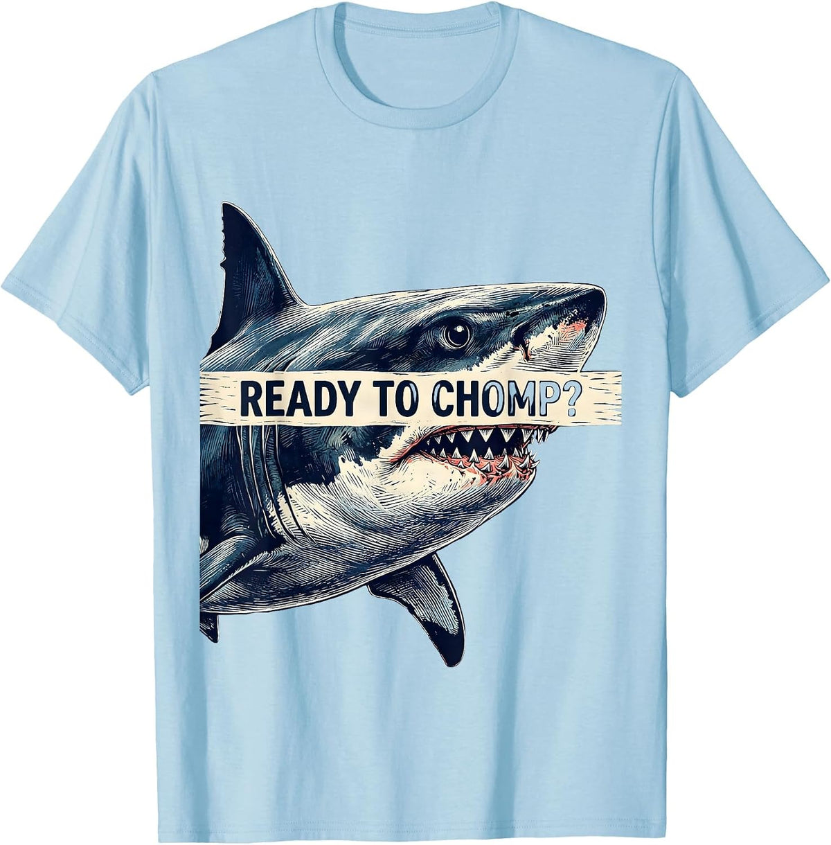 Men's Ready To Chomp Funny Shark Lover Ocean Humor Linocut T-Shirt - Baby Blue