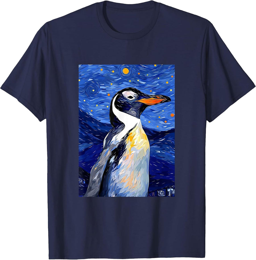 Gentoo Penguin Starry Night Painting Men Women Kids T-Shirt - Navy Blue