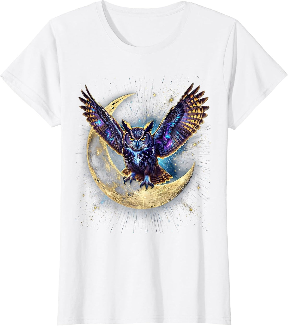 Owl on Crescent Moon Night Sky Illustration T-Shirt - White