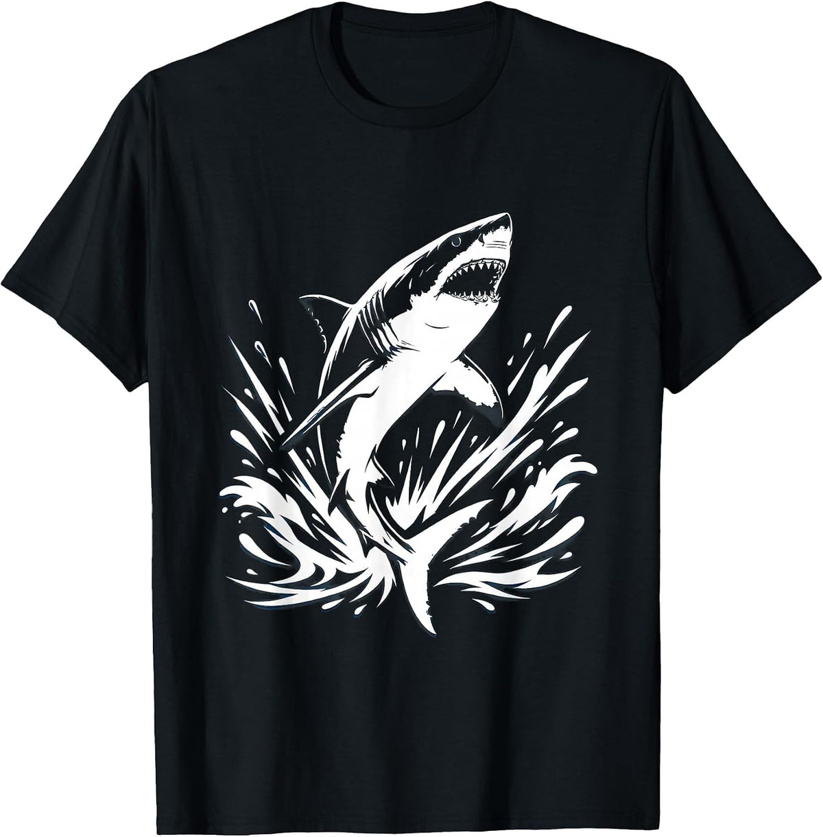 Men's Boys Shark Bursting Through Wave Splash T-Shirt - Black