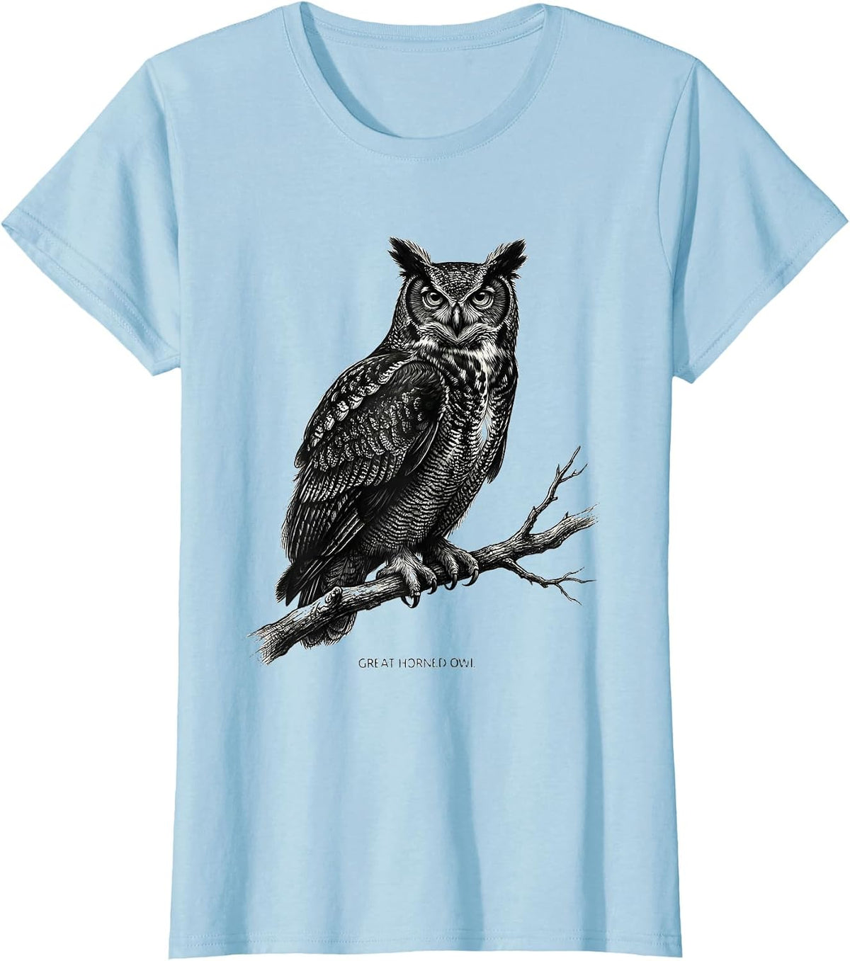GREAT HORNED OWL Monochromatic Wildlife Portrait Nature Art T-Shirt - Baby Blue