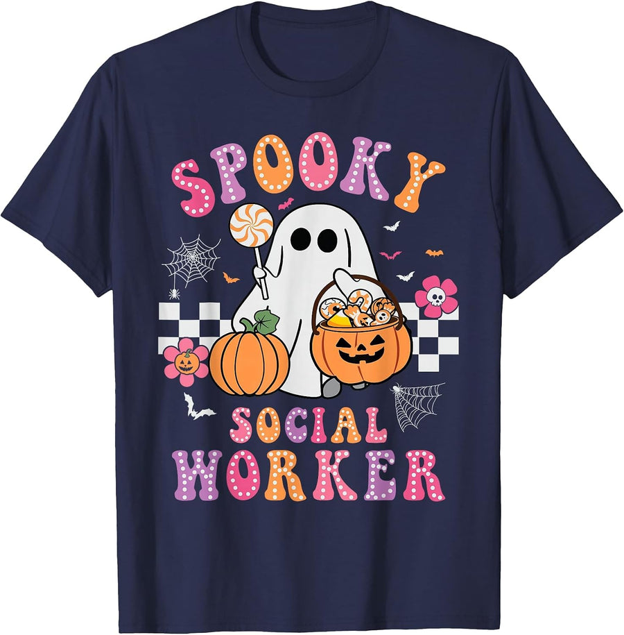 Groovy Spooky School Social Worker Halloween Team Women Men T-Shirt - Navy Blue