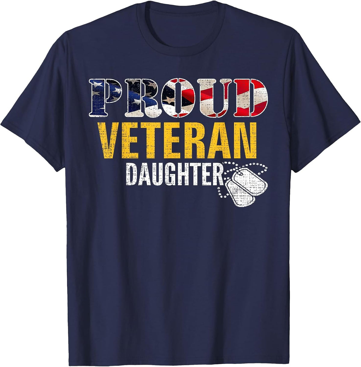 Vintage Proud Veteran Daughter with American Flag Military T-Shirt - Navy Blue