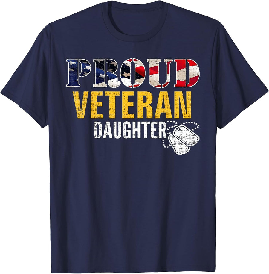 Vintage Proud Veteran Daughter with American Flag Military T-Shirt - Navy Blue