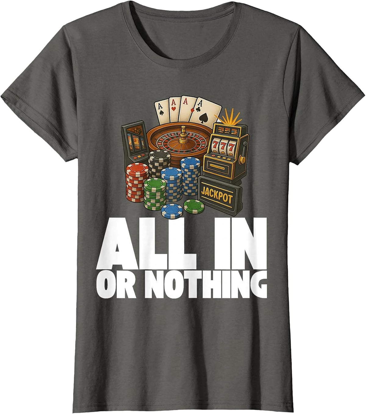 Casino Chips Roulette Slots Poker Vegas Gambling Cards T-Shirt - Asphalt Grey