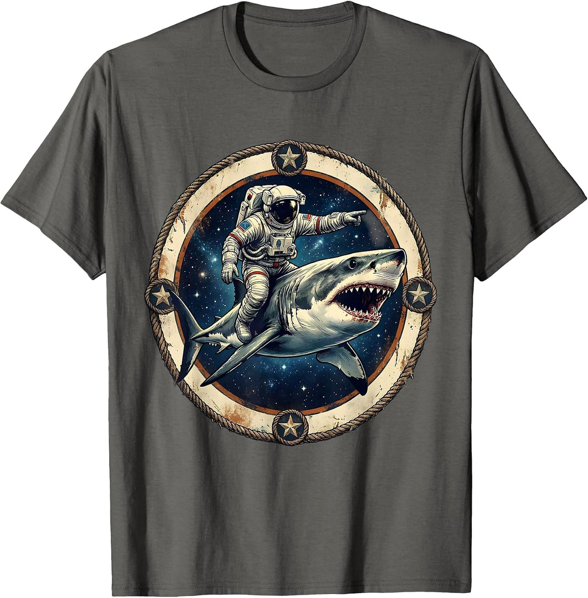 Men's Astronaut Riding a Shark Through Outer Space T-Shirt - Asphalt Grey