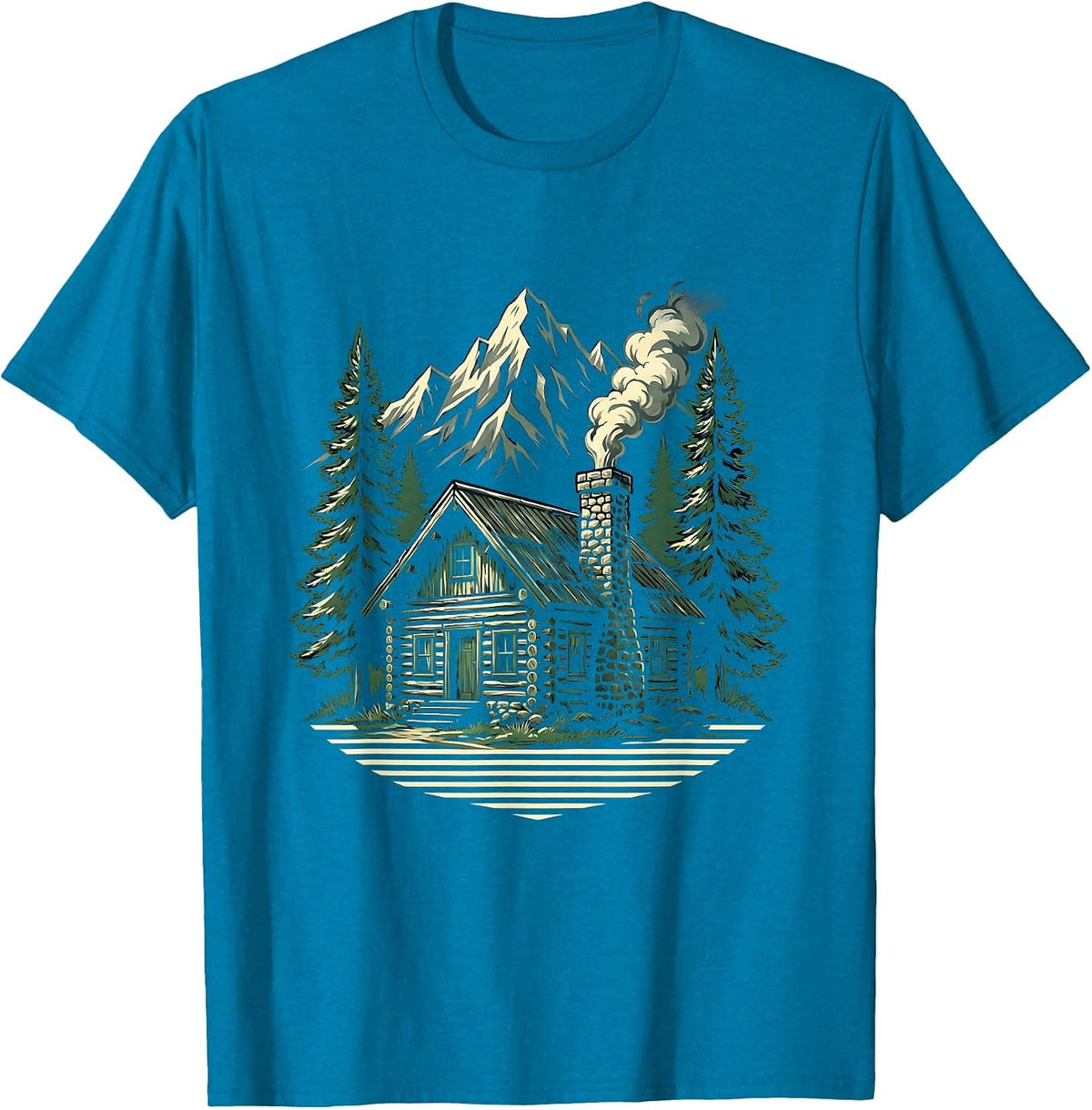 Mountain Cabin Smoke Chimney Wilderness Illustration T-Shirt - Sapphire Blue