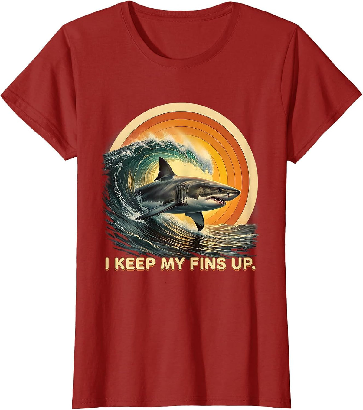 Women's I Keep My Fins Up Retro 70s Funny Shark Lover Ocean Humor T-Shirt - Cranberry Red