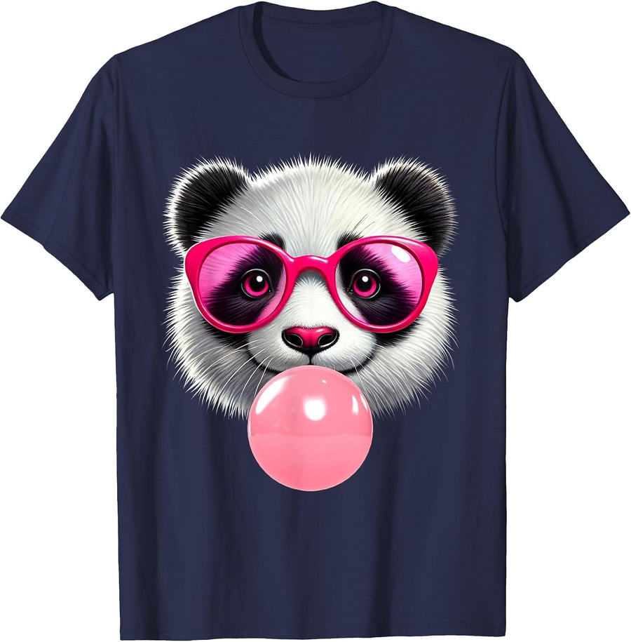 Funny Panda Pink Glasses Blowing Bubble Gum Animal Lovers T-Shirt - Navy Blue