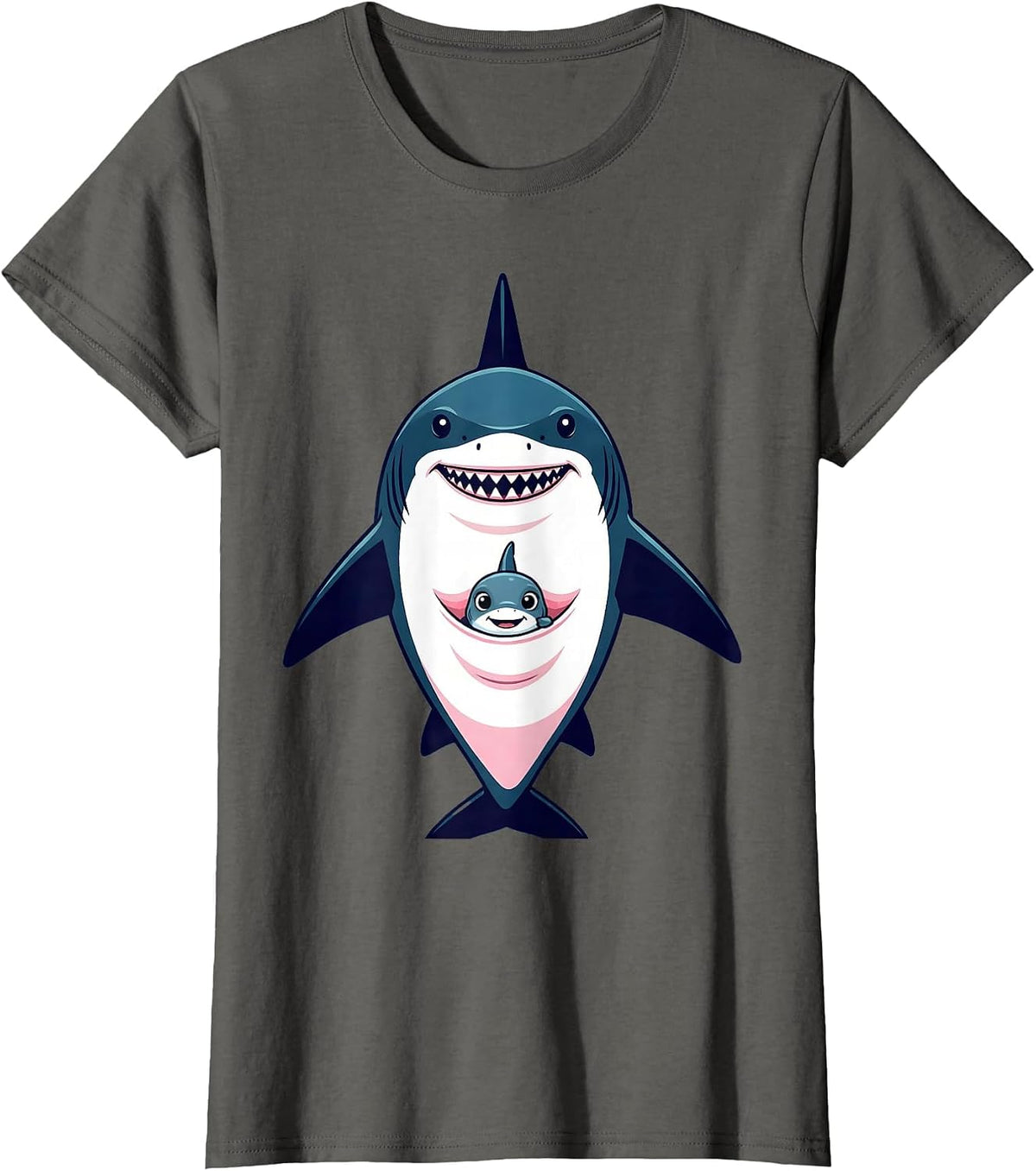 Women's Mommy Shark Kangaroo Pouch Baby Graphic T-Shirt - Asphalt Grey