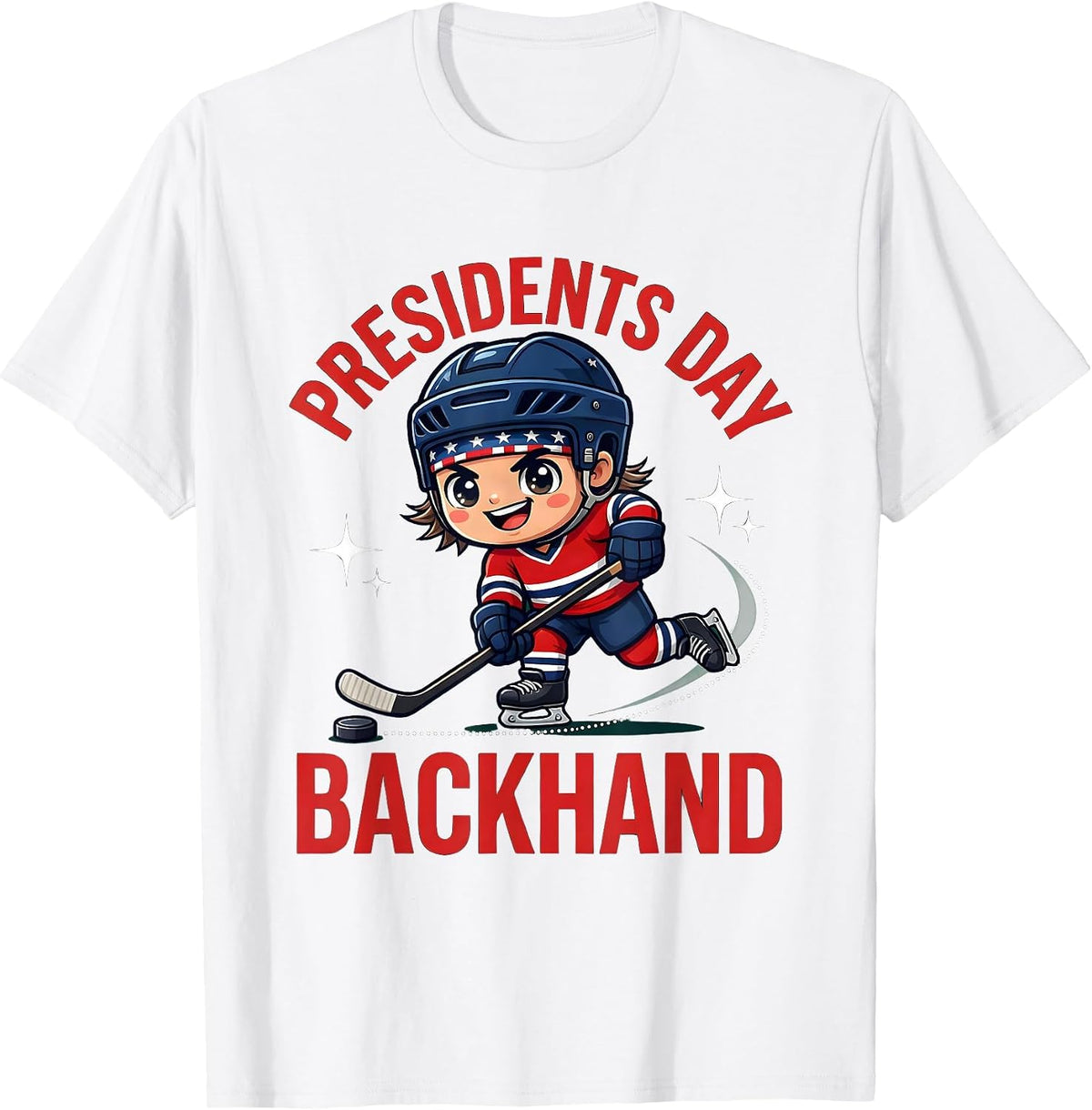 Men's PRESIDENTS DAY BACKHAND Cartoon Hockey Player Patriotic T-Shirt - White