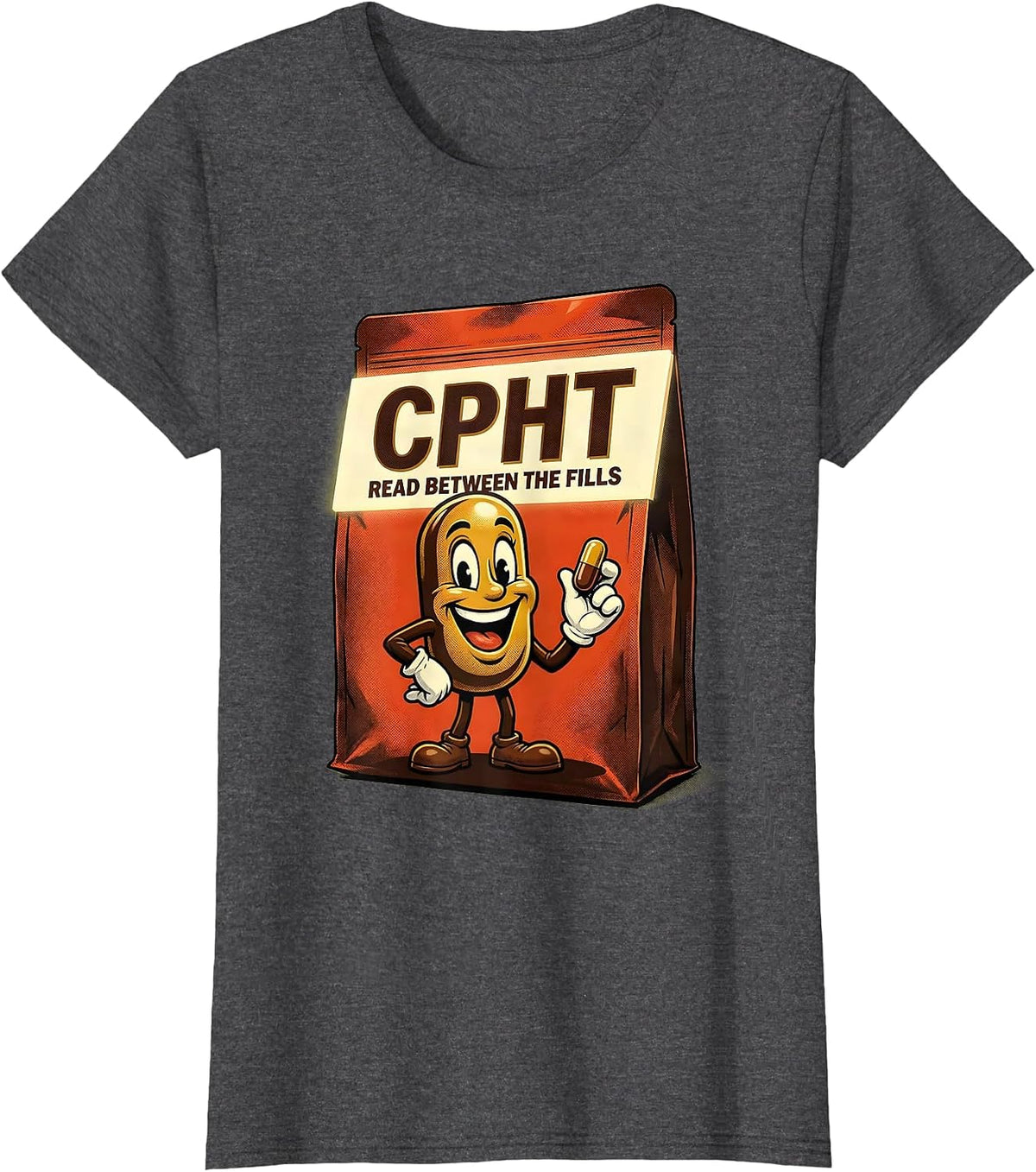 Women's CPhT Read Between The Fills Retro Advertising Pharmacy T-Shirt - Dark Heather Grey