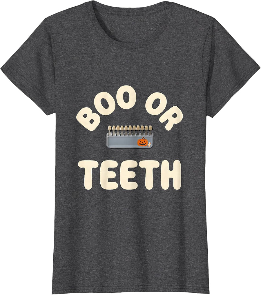 Women's Boo Or Teeth Funny Dental Hygienist Halloween Work T-Shirt - Dark Heather Grey