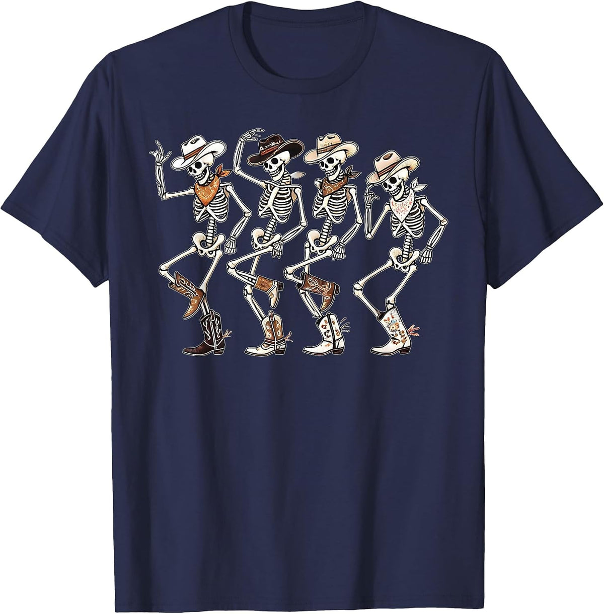 Dancing Skeleton Cowboys Western Country Rodeo Halloween Tees T-Shirts Men Women - Navy Blue