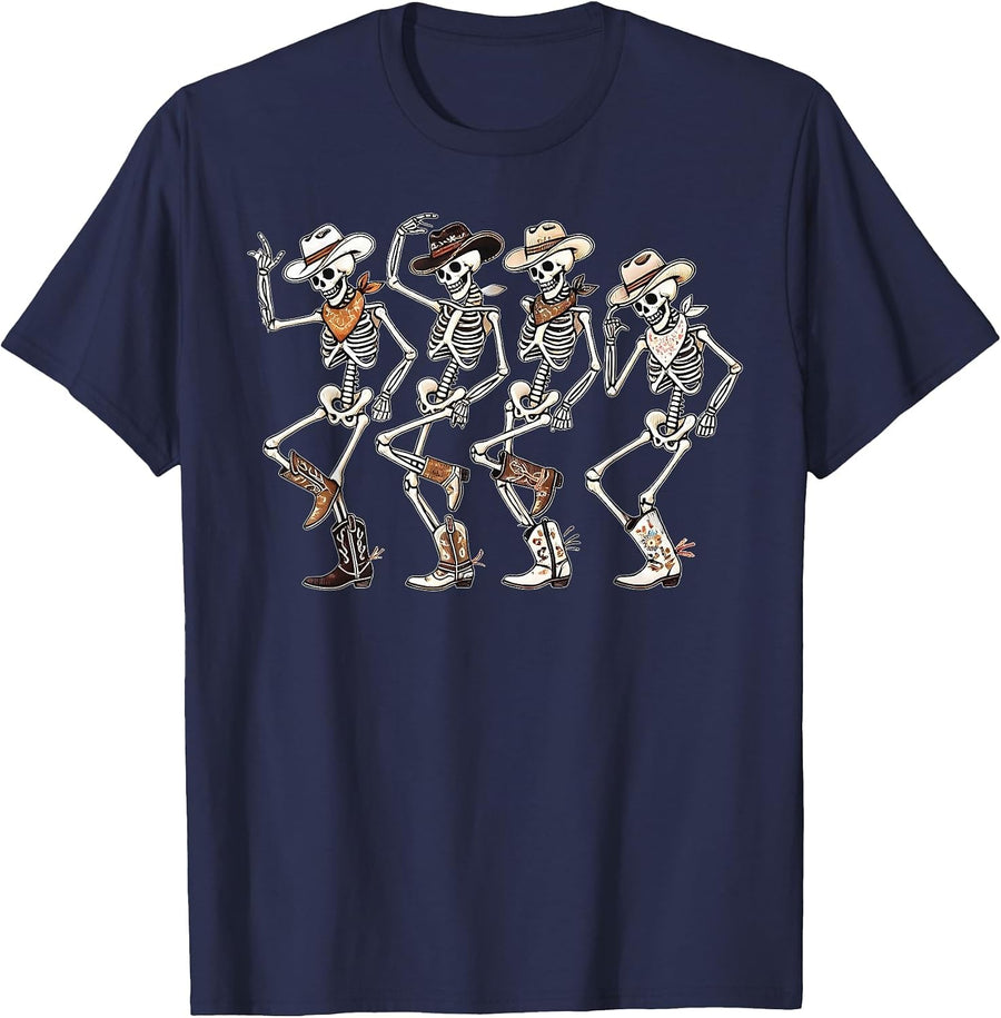 Dancing Skeleton Cowboys Western Country Rodeo Halloween Tees T-Shirts Men Women - Navy Blue