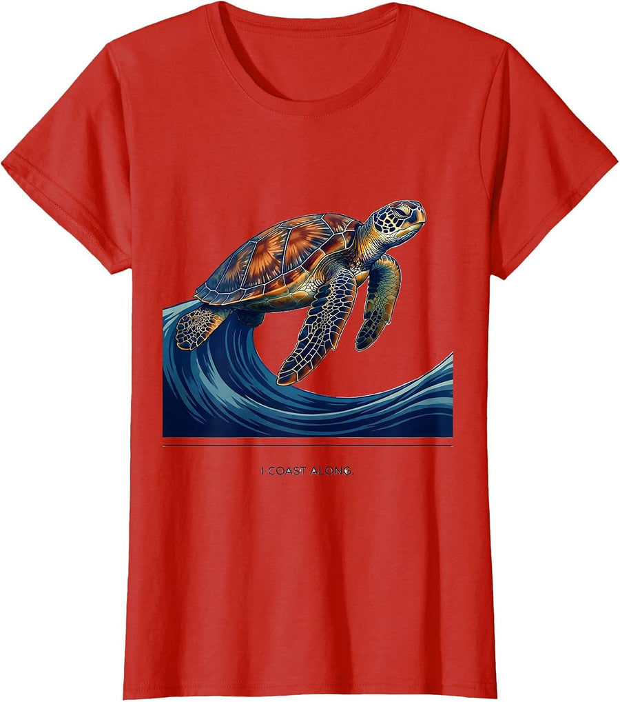 Women's I Coast Along Ukiyo-e Sea Turtle Ocean Animal Lover Tropical T-Shirt - Red