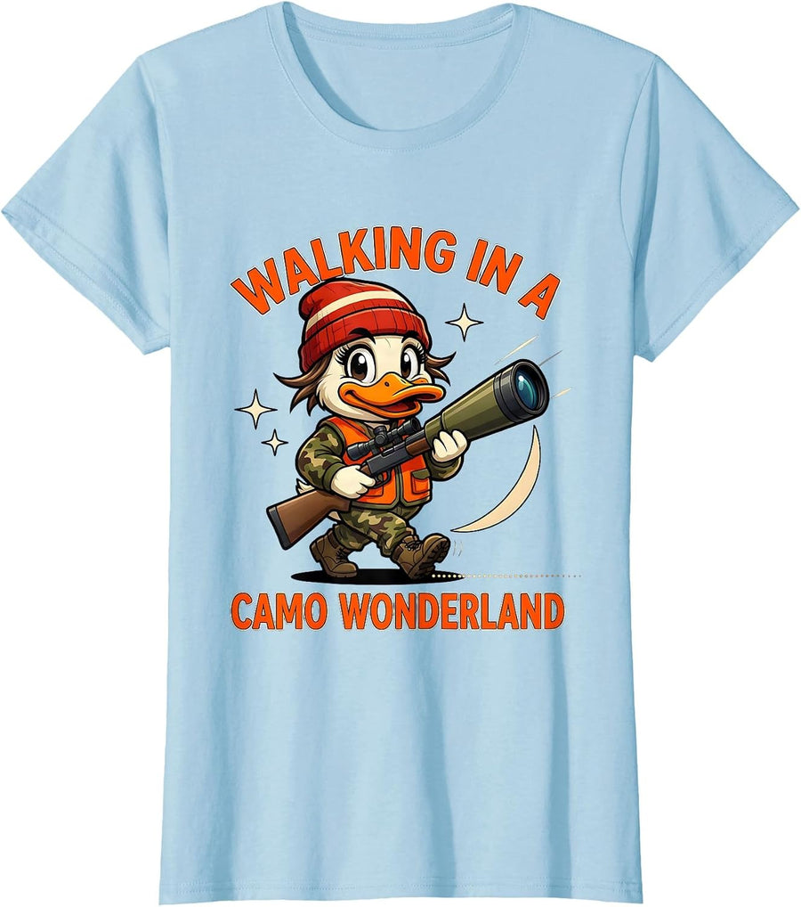 Women's WALKING IN A CAMO WONDERLAND Funny Duck Hunter Christmas T-Shirt - Baby Blue