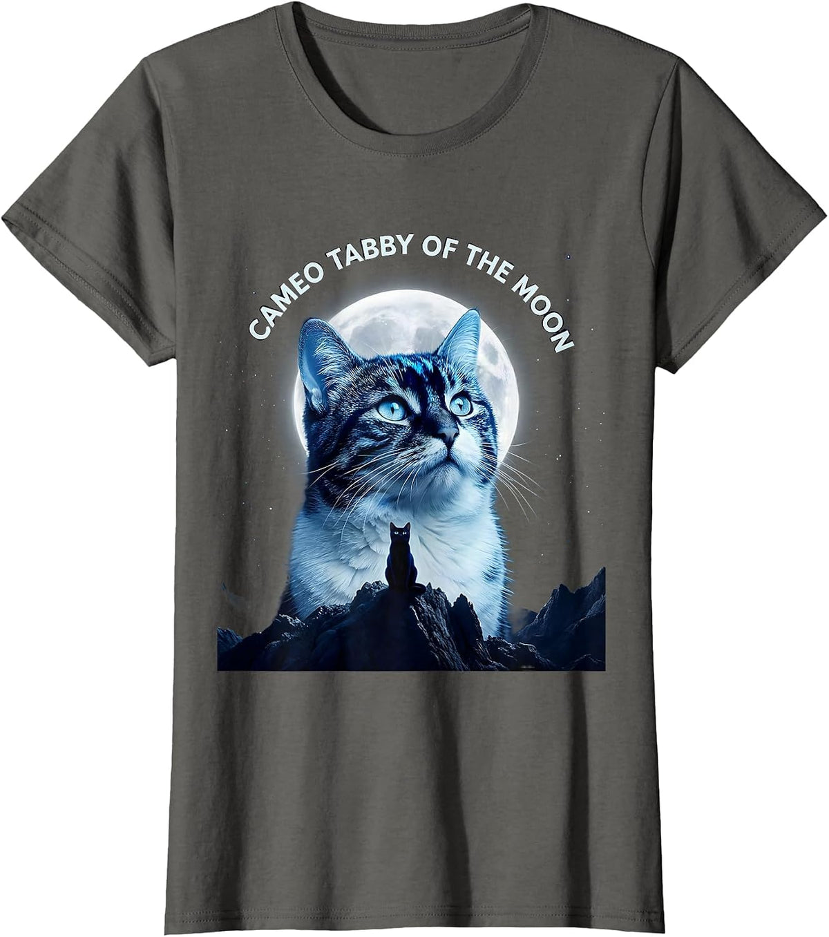 Women's Cameo Tabby Of The Moon Cosmic Cat Lover Retro Humor T-Shirt - Asphalt Grey