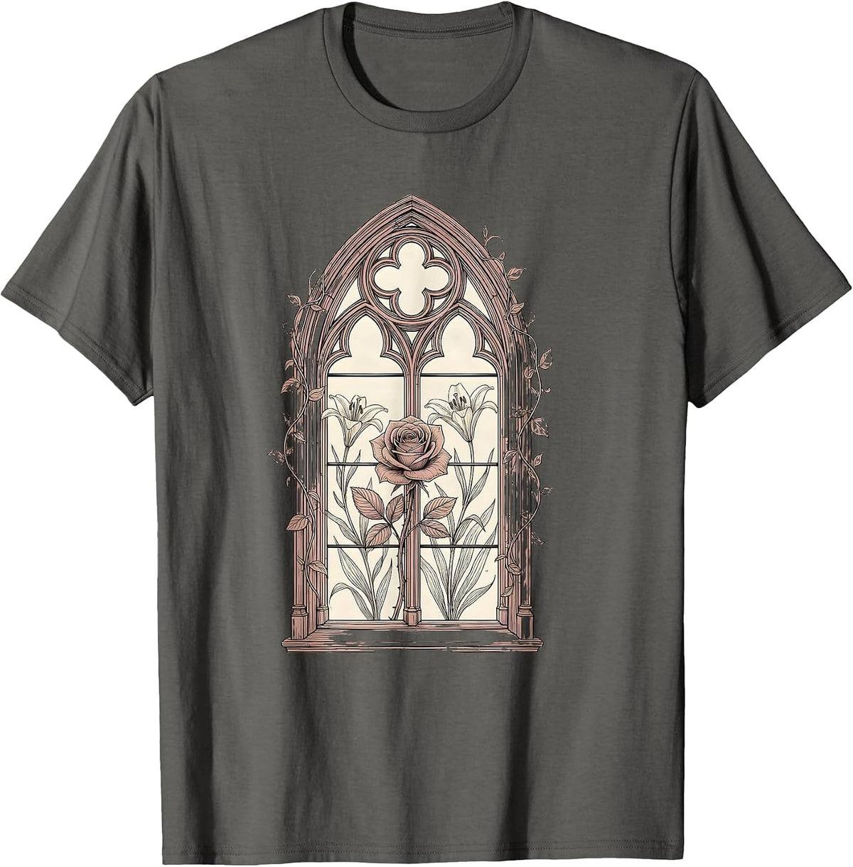 Men's Stained Glass Blooming Garden Religious Design T-Shirt - Asphalt Grey