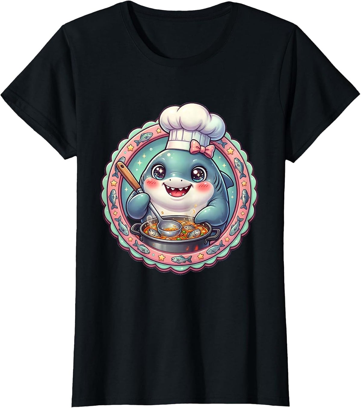 Mommy Shark Chef Cooking Fish Stew Illustration T-Shirt - Black