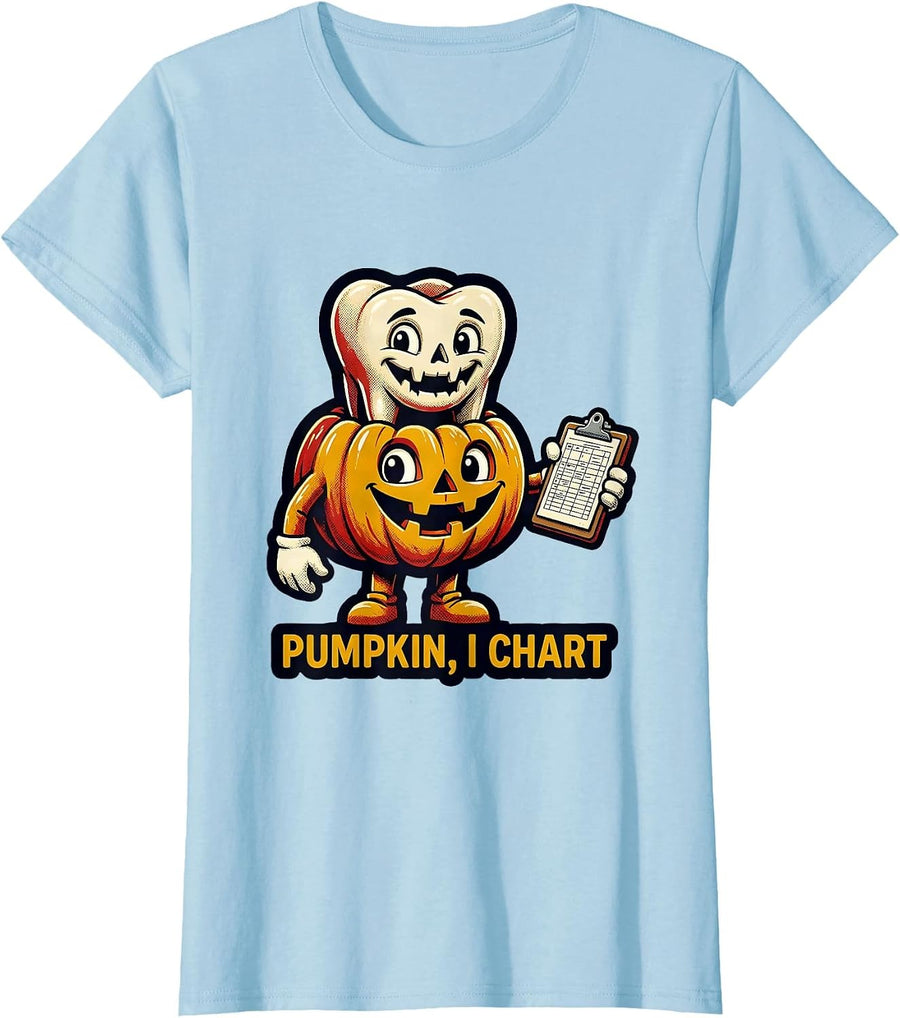 Women's Pumpkin, I Chart Retro Dental Hygienist Halloween Humor T-Shirt - Baby Blue