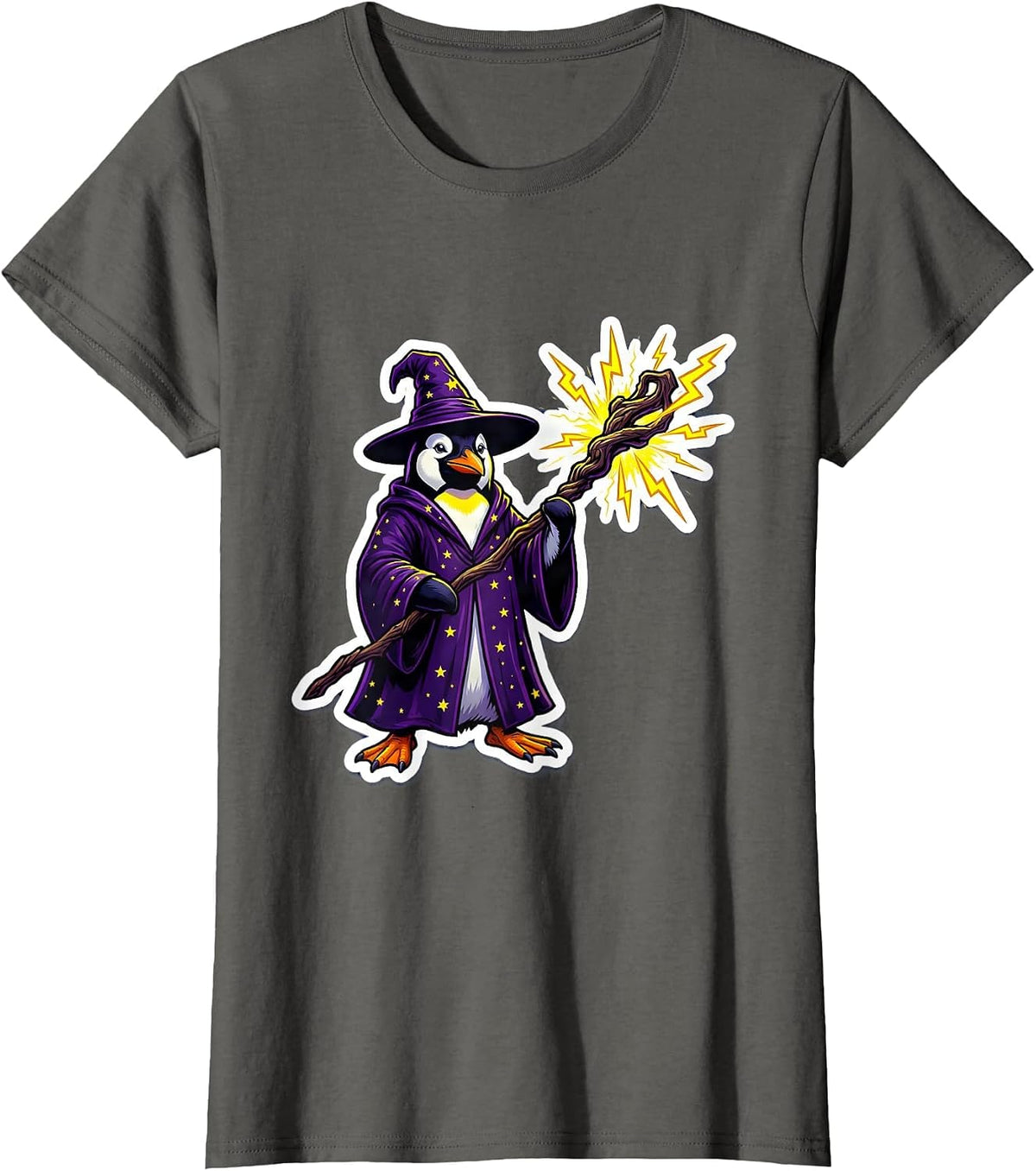 Women's Penguin Wizard Lightning Staff Fantasy Art T-Shirt - Asphalt Grey