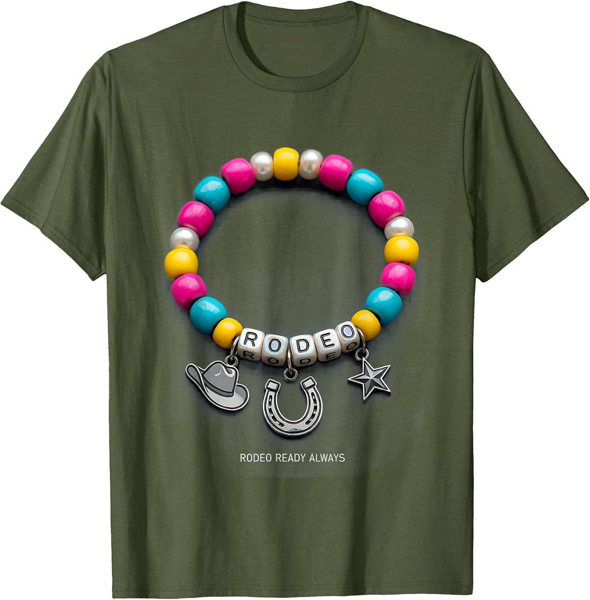 Rodeo Ready Always Cowgirl Graphic Design T-Shirt - Olive Green