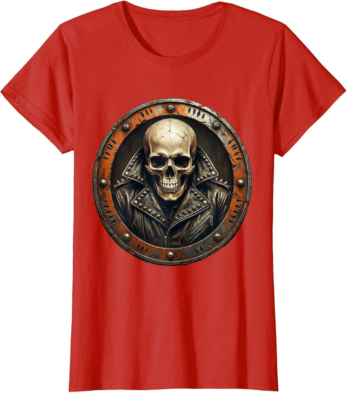 Skull in Studded Leather Jacket 80s Rock Art T-Shirt - Red