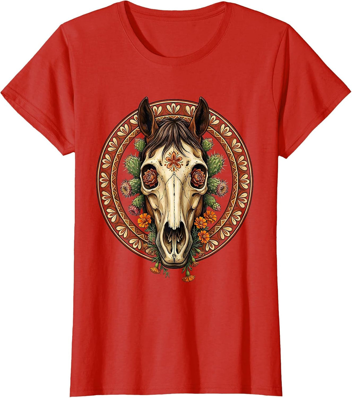 Women's Horse Skull Desert Flowers Cowgirl Graphic T-Shirt - Red