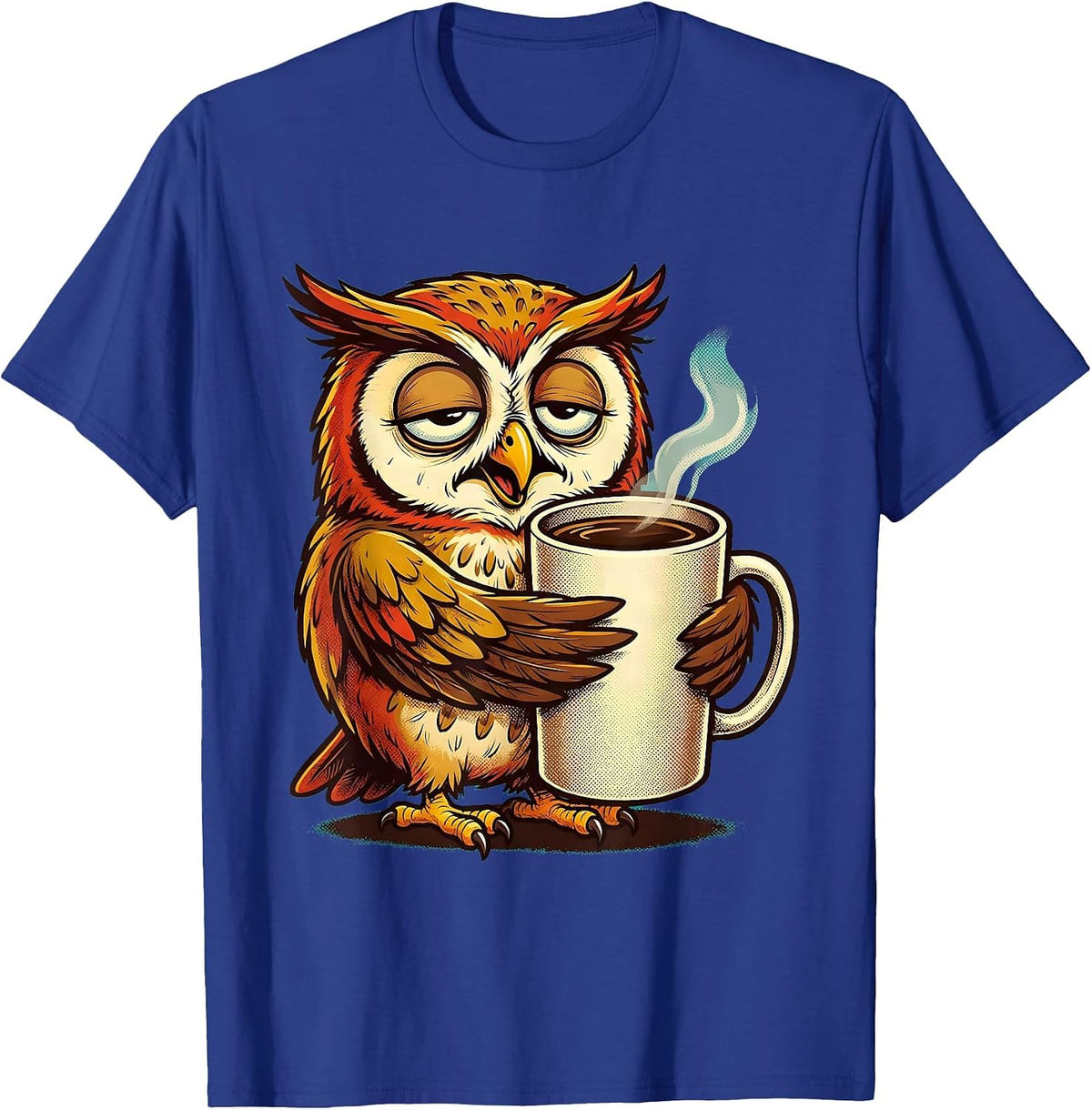 Sleepy Owl Hugging Giant Coffee Cup Funny Design T-Shirt - Royal Blue