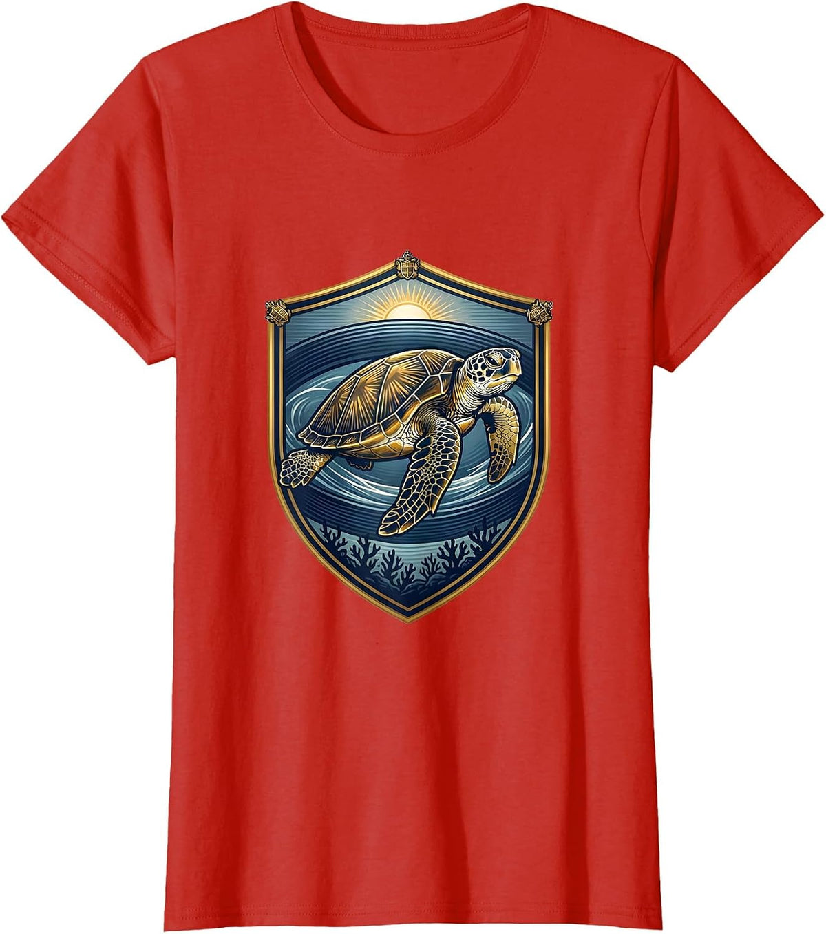 Sea Turtle Surfacing Emblem Beach Vacation Souvenir T-Shirt - Red