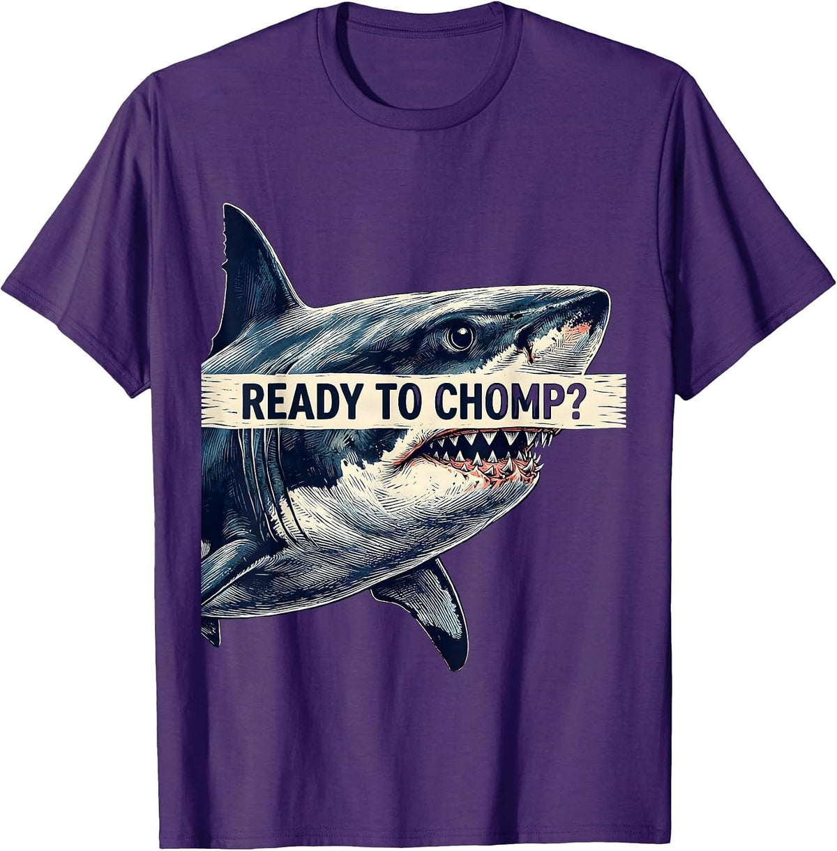 Men's Ready To Chomp Funny Shark Lover Ocean Humor Linocut T-Shirt - Purple