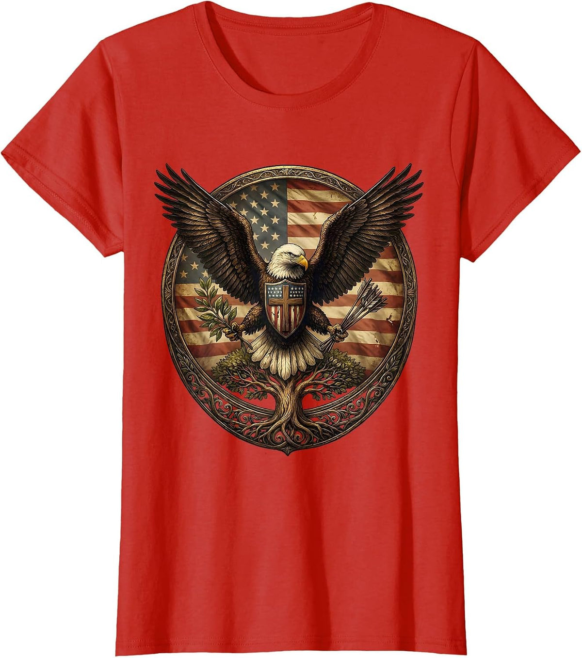Patriotic Eagle Olive Branch and Arrows Graphic T-Shirt - Red
