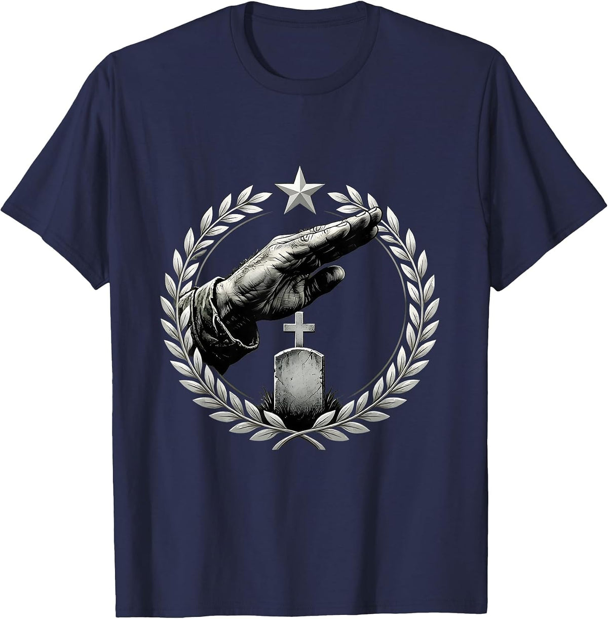 Veteran Salute Over Grave Marker Patriotic Art T-Shirt - Navy Blue