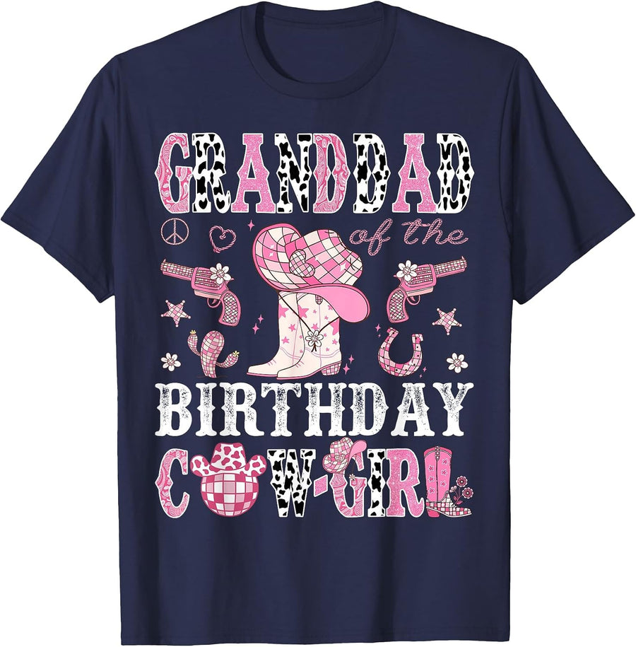 Granddad of The Birthday Cow-Girl Pink Disco Rodeo Western T-Shirt - Navy Blue